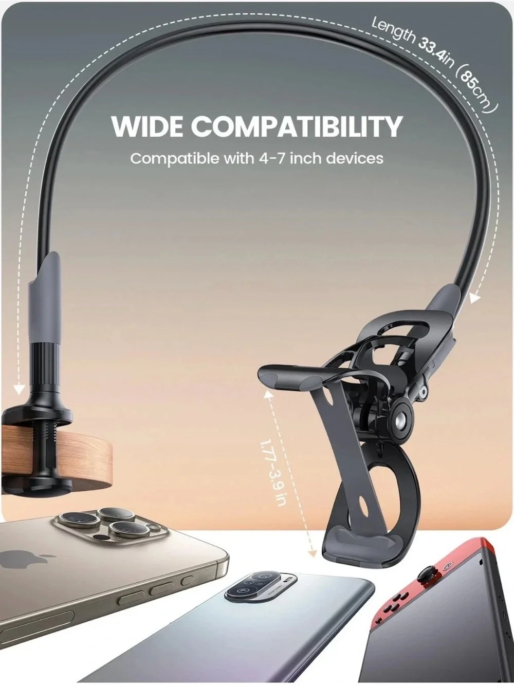 Lamicall Gooseneck Universal Phone Holder. Cell Mount Clamp Clip, Black. New.
